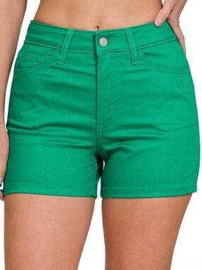 ZENANA High Waist Green Denim Shorts Size M NWT Stretch Summer